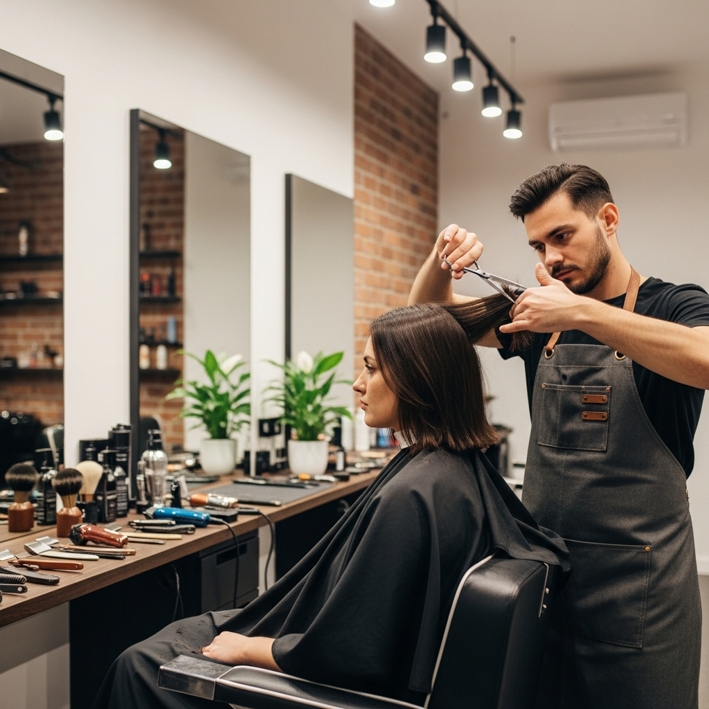 Stylist giving a women's precision haircut at The Spot Salon